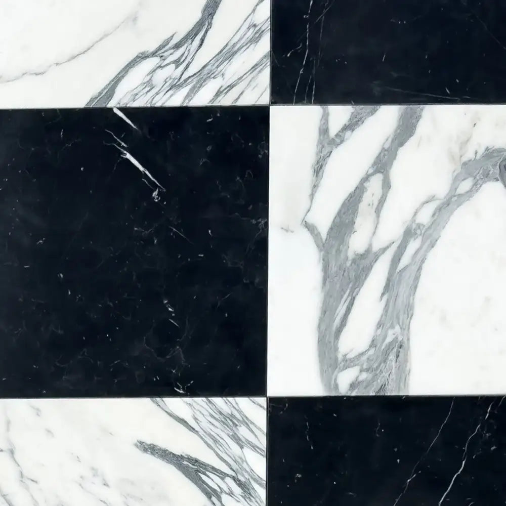 Black and white marble checkerboard pattern from Checkerboard Nero Marquina and Arabescato Corchia set
