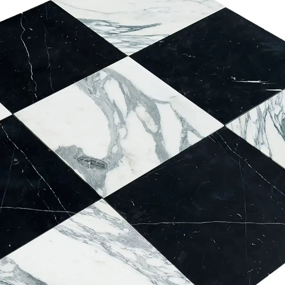Black and white marble diamond tile pattern from Checkerboard Nero Marquina and Arabescato Corchia set