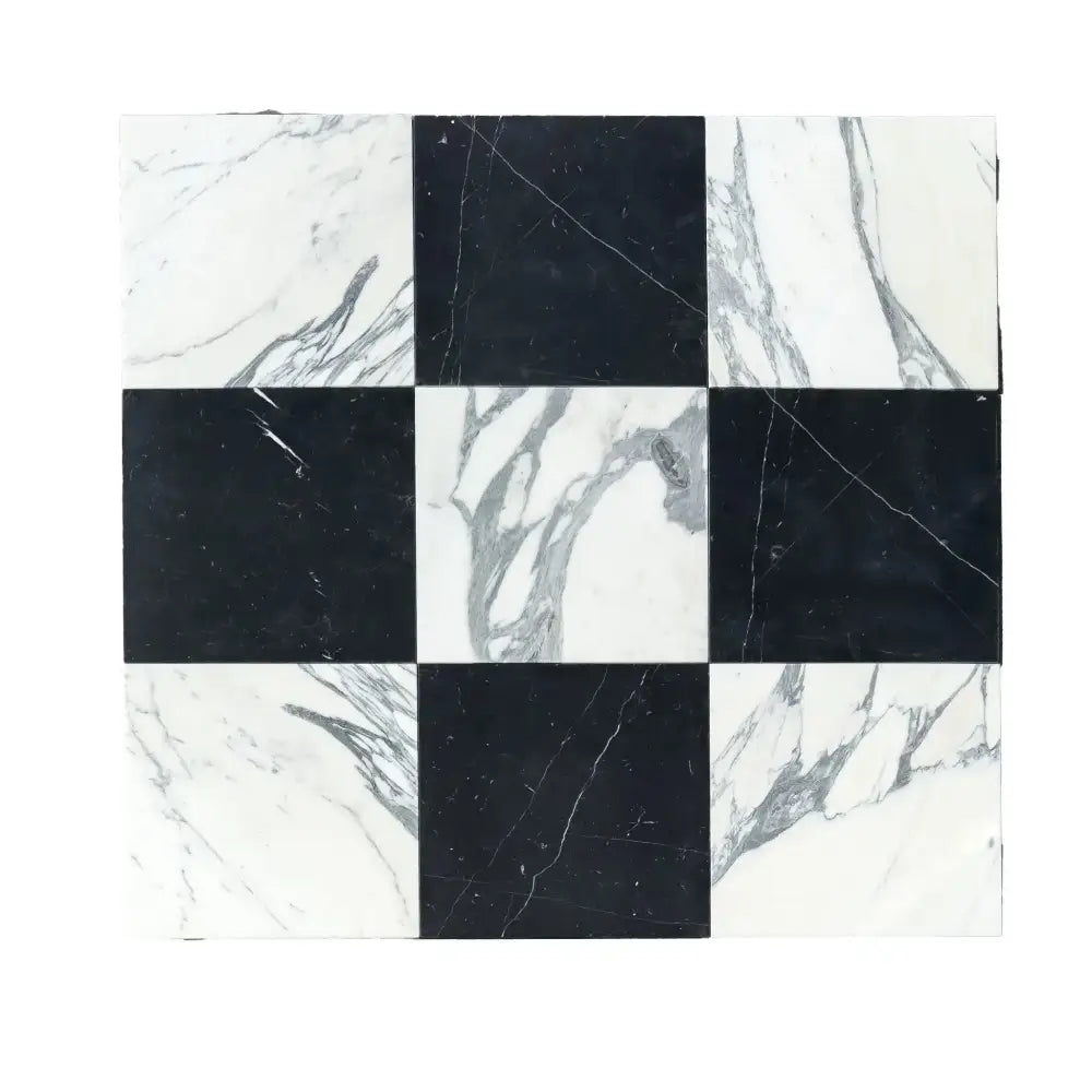 Black and white Nero Marquina and Arabescato Corchia marble checkerboard pattern