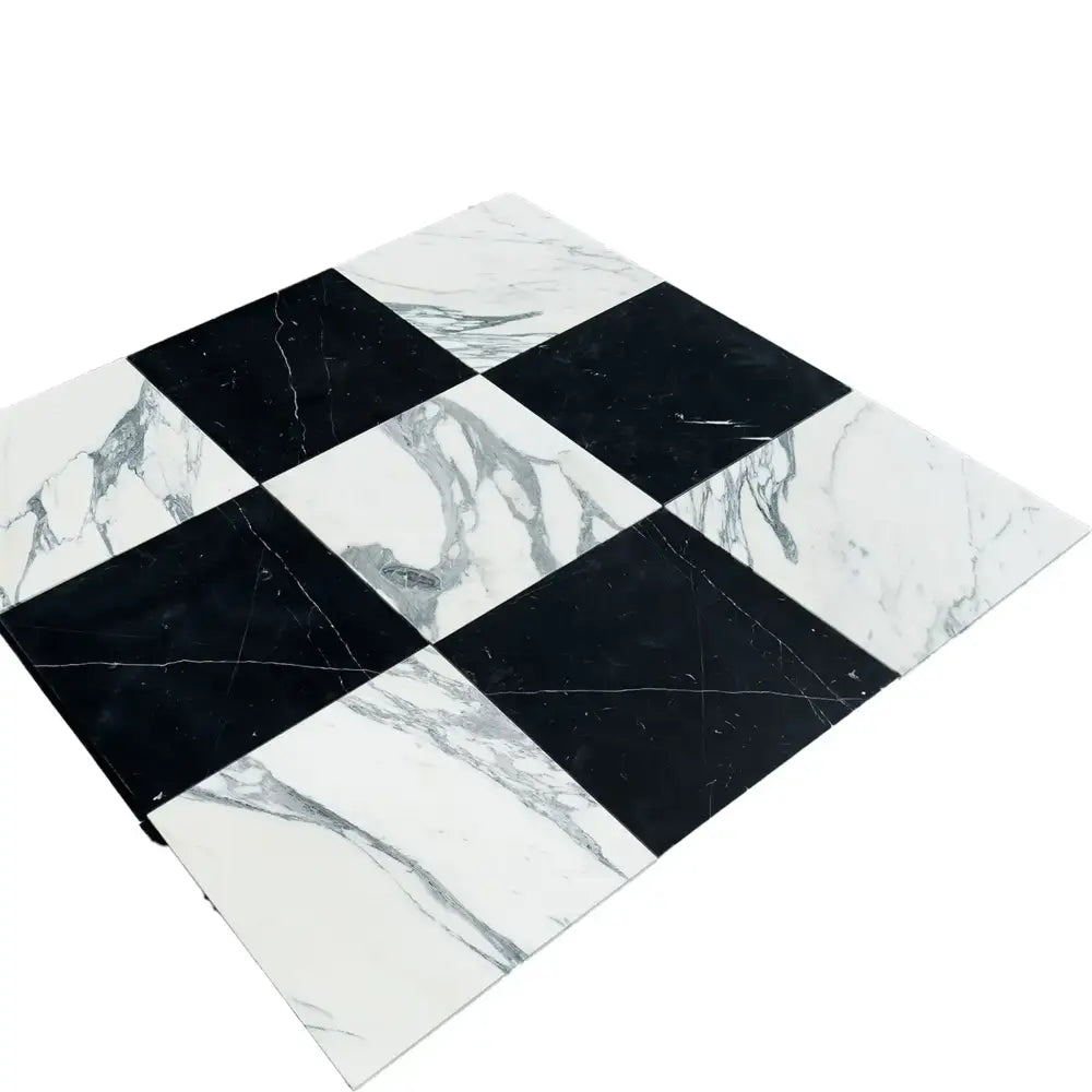 Black and white checkered Nero Marquina and Arabescato Corchia marble tile set