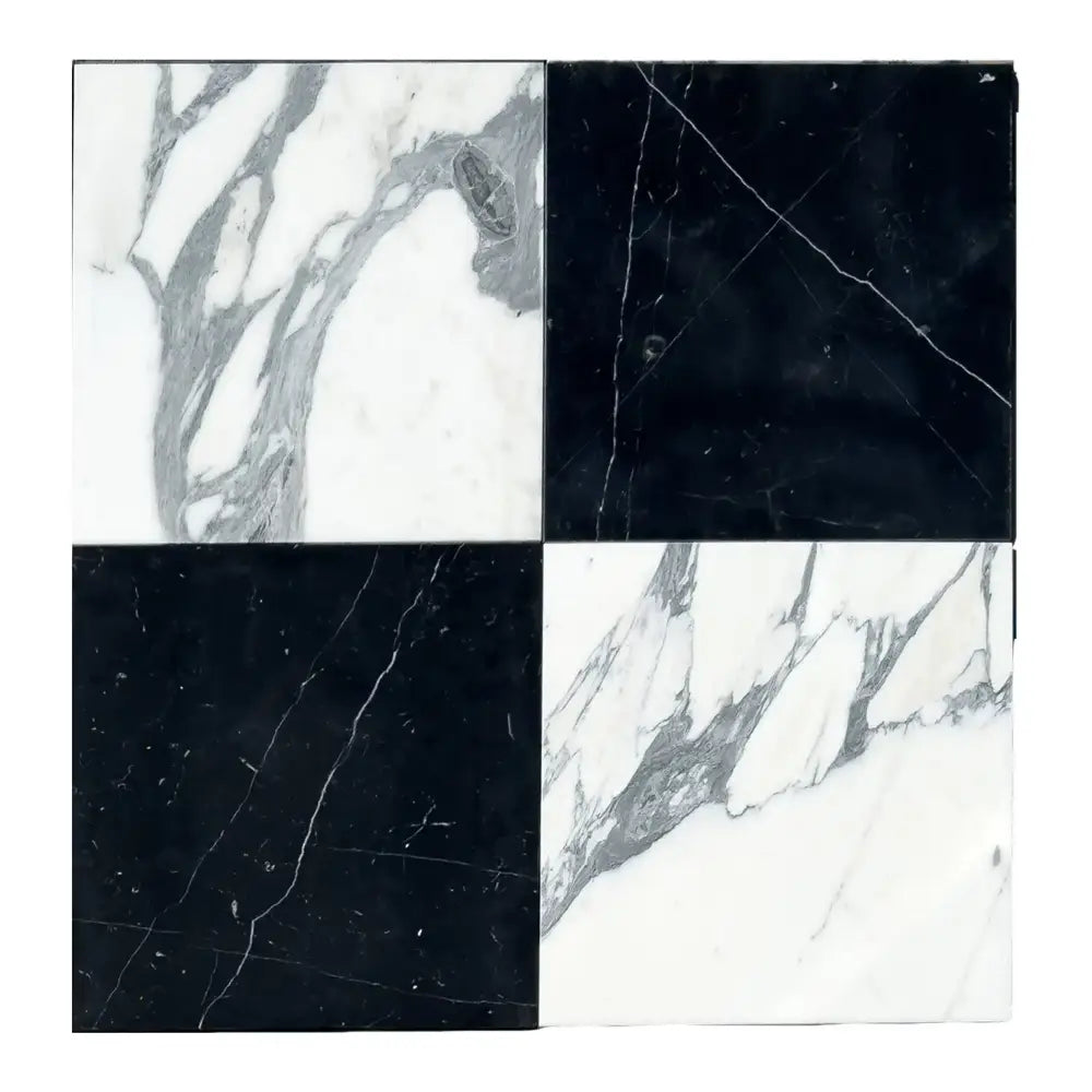 Black and white marble tile pattern from Checkerboard Nero Marquina Prestige and Arabescato Corchia set