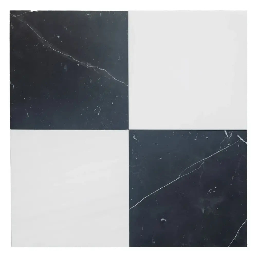 Black and white checkered tiles from Checkerboard Nero Marquina Prestige and Arabescato Corchia Marble set