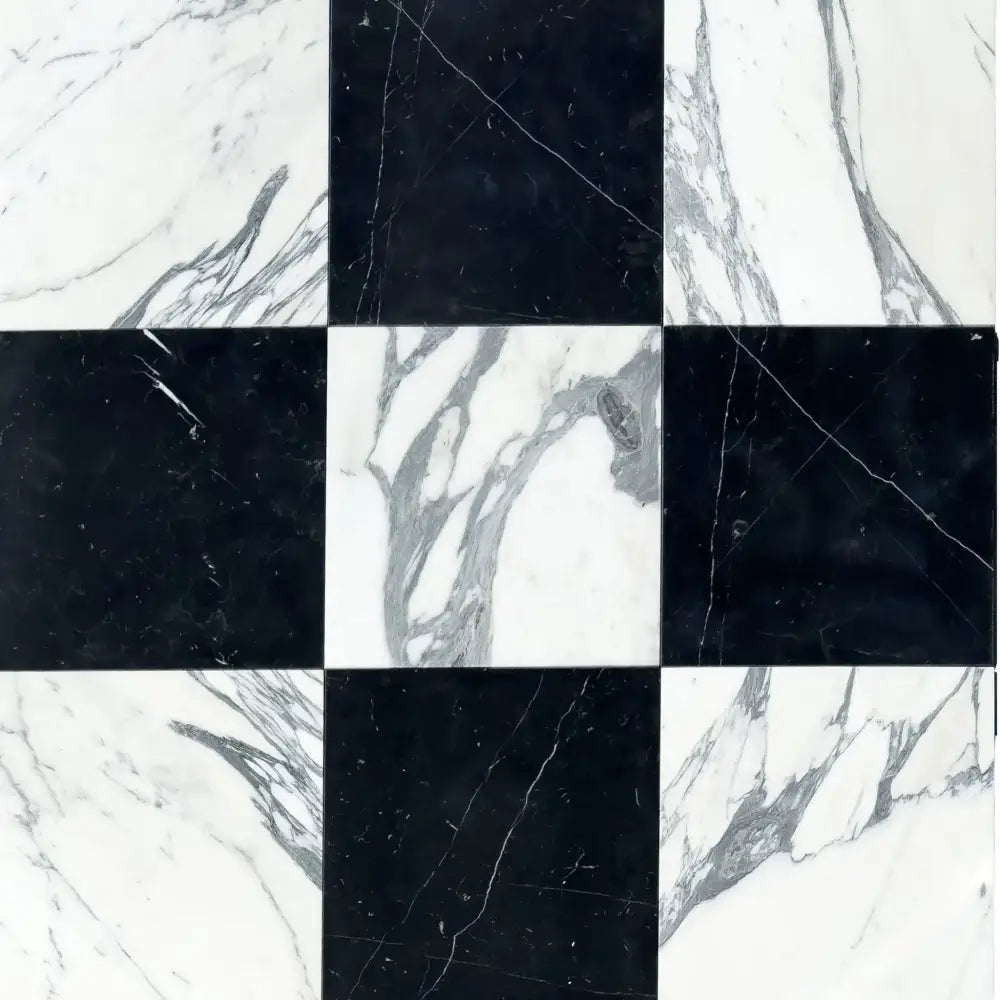 Checkerboard Nero Marquina and Arabescato Corchia marble tile pattern 18x18 set