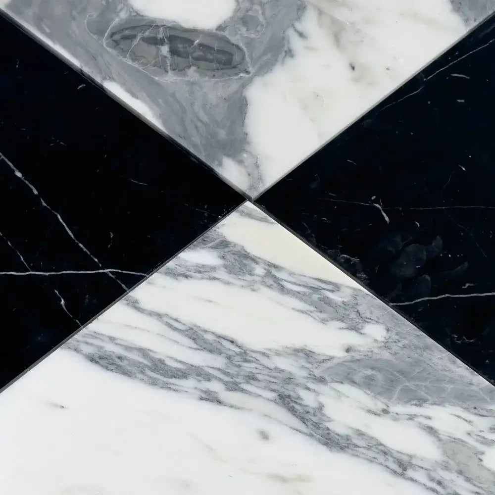 Black and white marble tile pattern from Checkerboard Nero Marquina Prestige and Arabescato Corchia set