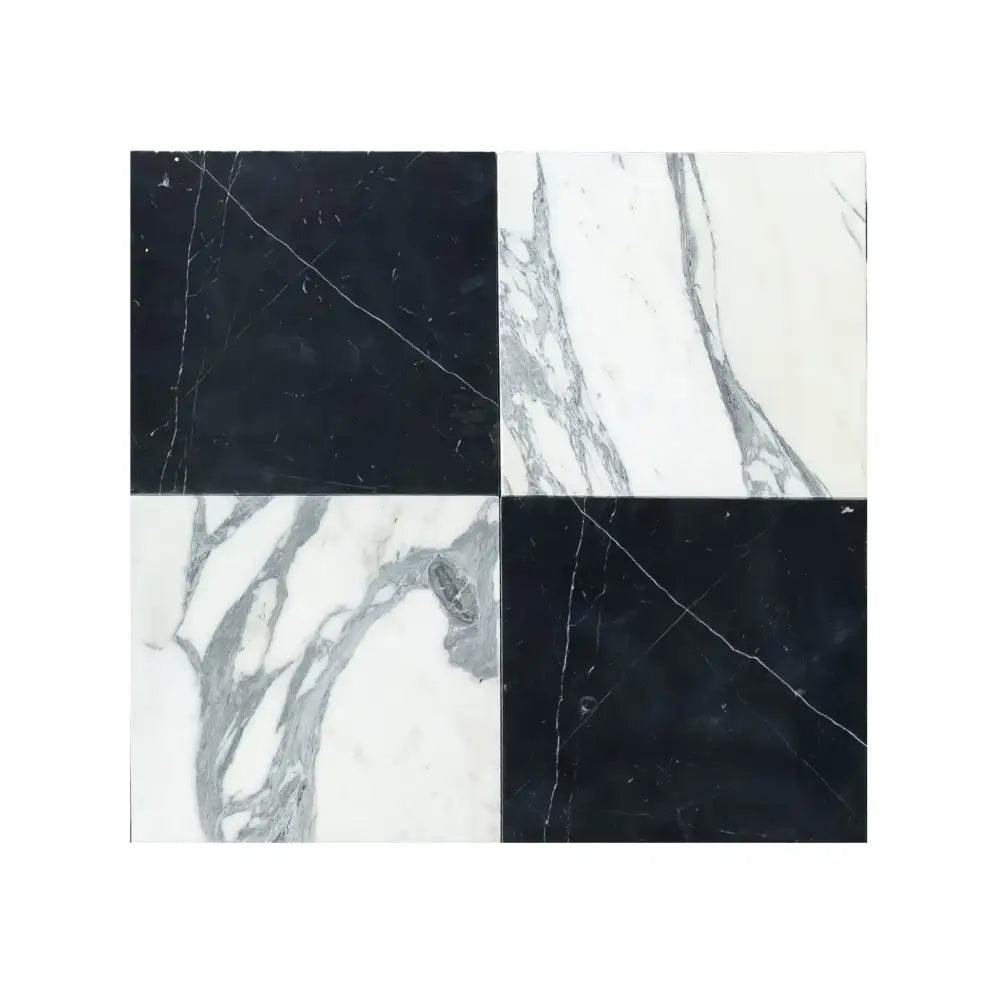 Checkerboard Nero Marquina and Arabescato Corchia marble tiles 12x12 set