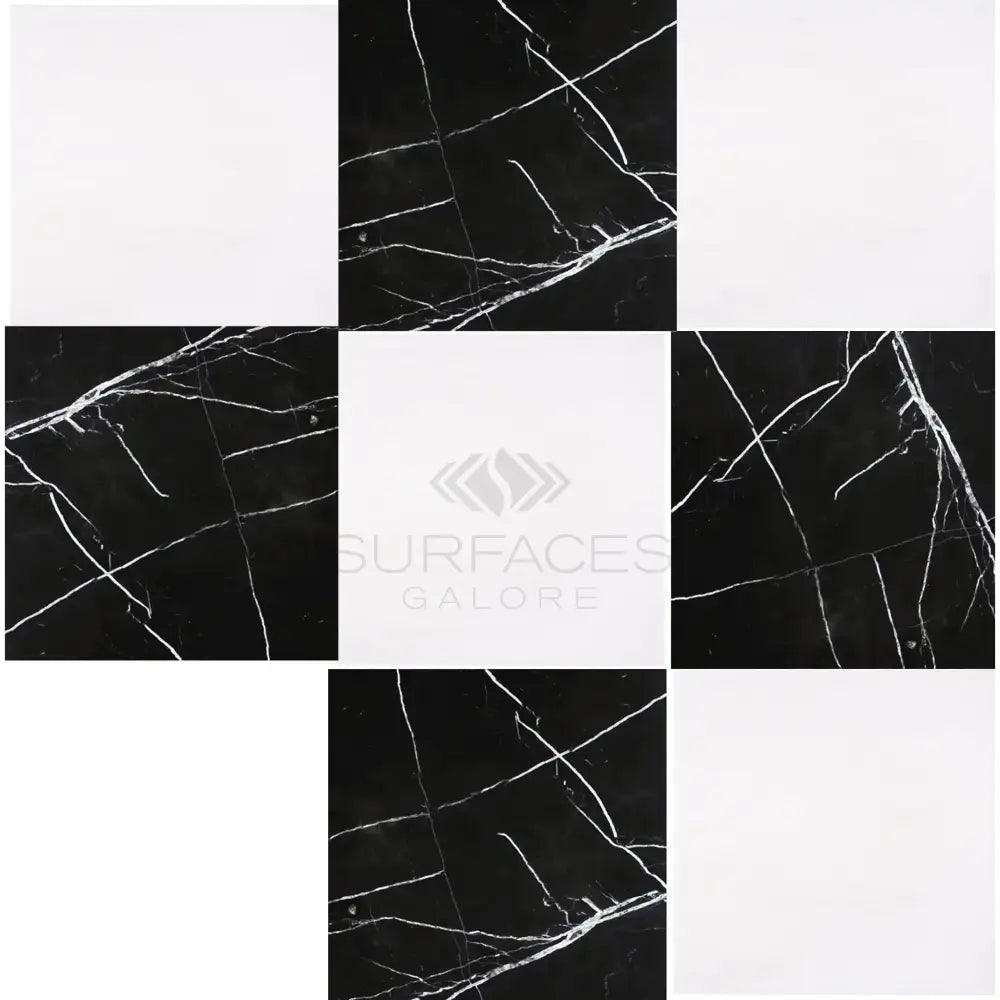 Black and white Marble tile arrangement featuring Nero Marquina and Dolomite marble 18x18 Set