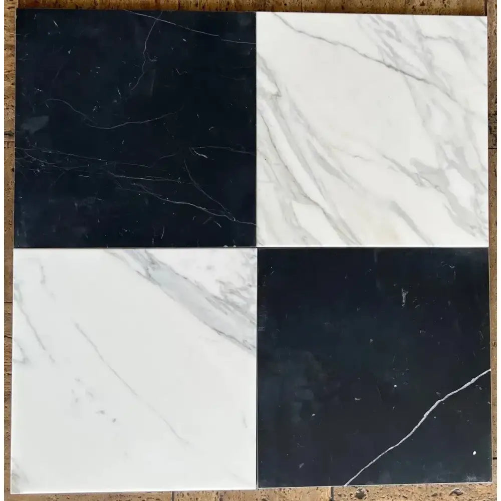 Four square Nero Marquina and Dolomite marble tiles from Checkerboard 18x18 set