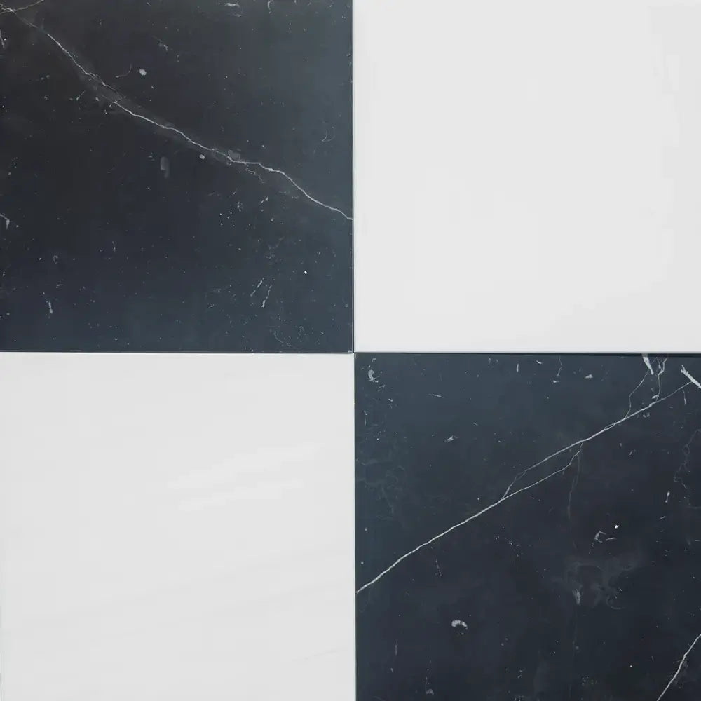 Black and white checkered tiles from Checkerboard Nero Marquina Prestige Marble and Dolomite Prestige Marble 18X18 Set