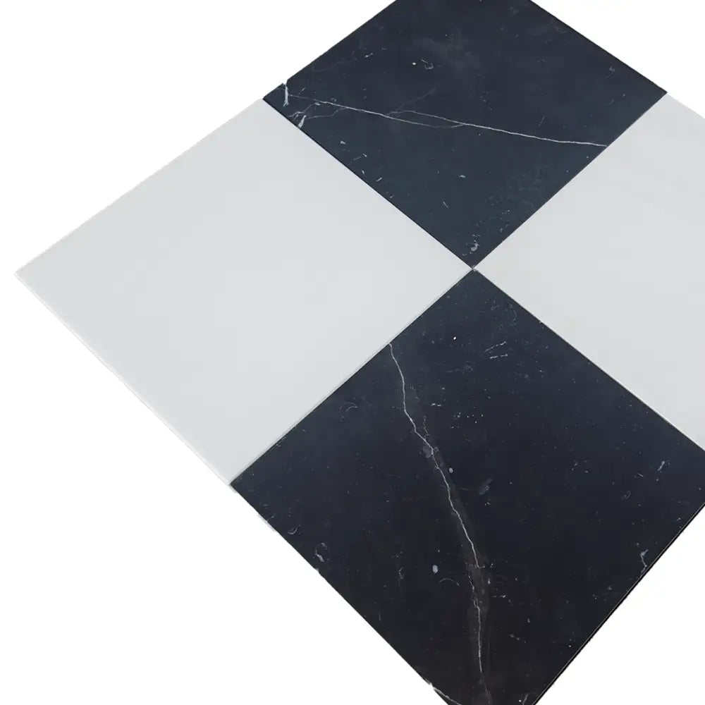 Black and white checkered tiles from Checkerboard Nero Marquina Prestige Marble and Dolomite Prestige Marble 18X18 Set