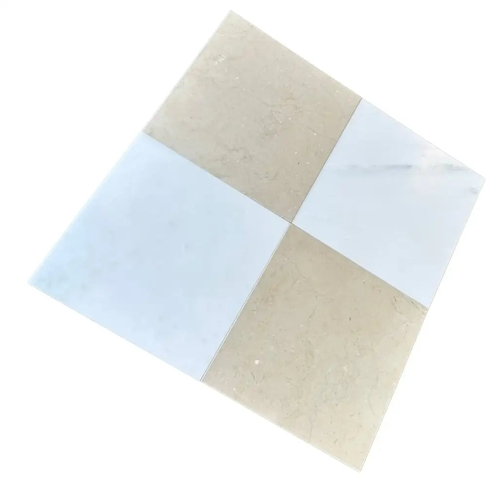Checkerboard tile pattern in Aurora White and Crema Marfil Set for elegant flooring