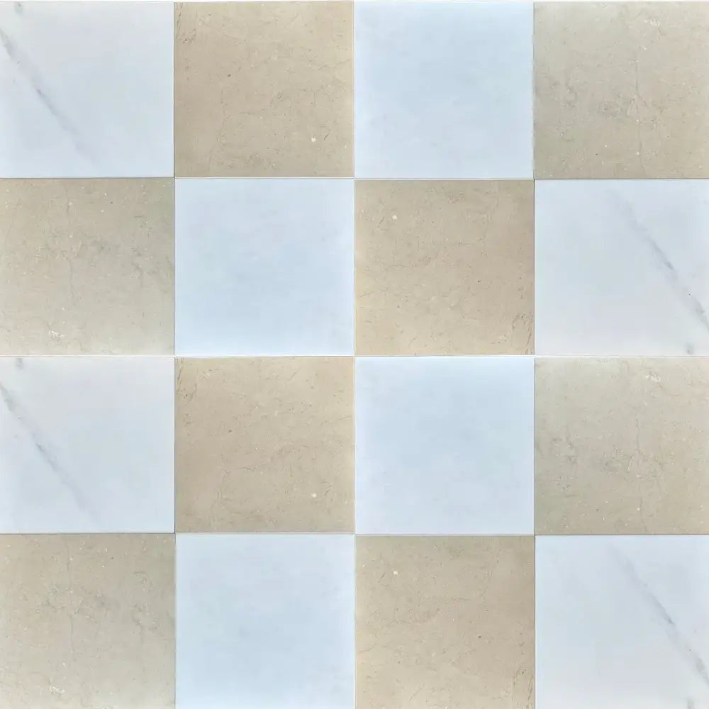 Checkerboard tile pattern in Checkerboard Oriental White Aurora White Aurora and Crema Marfil Set