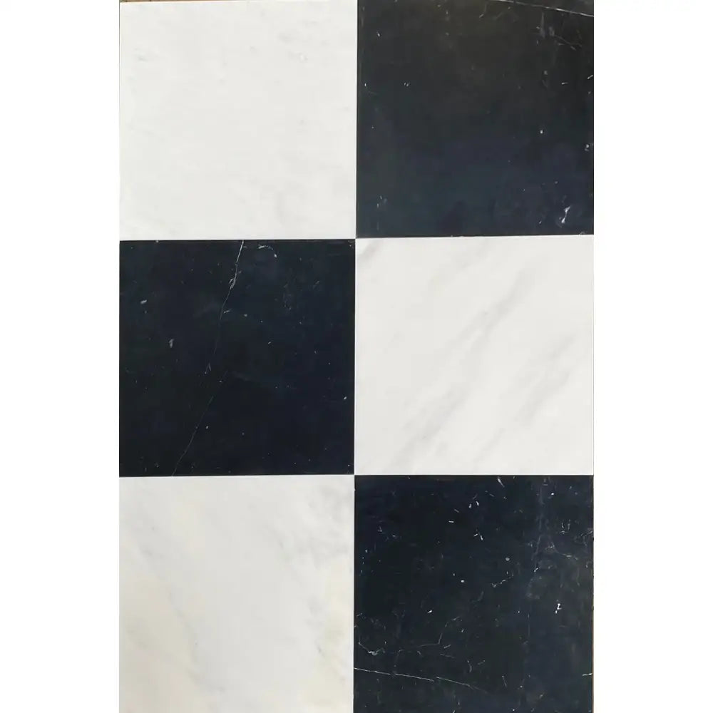Black and white checkered tiles from Checkerboard Oriental White Aurora and Nero Marquina Prestige Marble 12x12 set