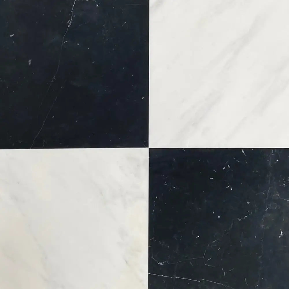 Black and white checkered marble tiles from Checkerboard Oriental White Aurora White Aurora and Nero Marquina Prestige Marble 12X12 set