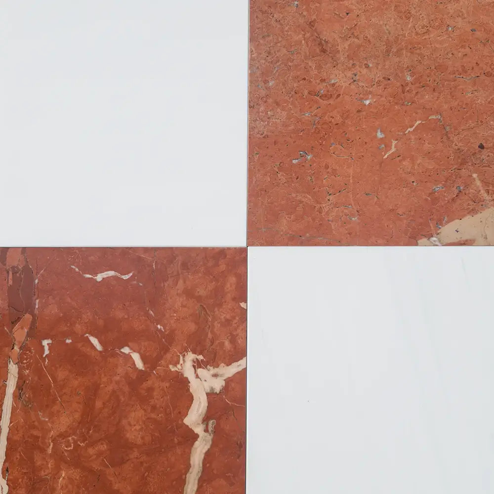 Checkered pattern of white and red marble tiles from Checkerboard Rojo Alicante and Dolomite Prestige Set