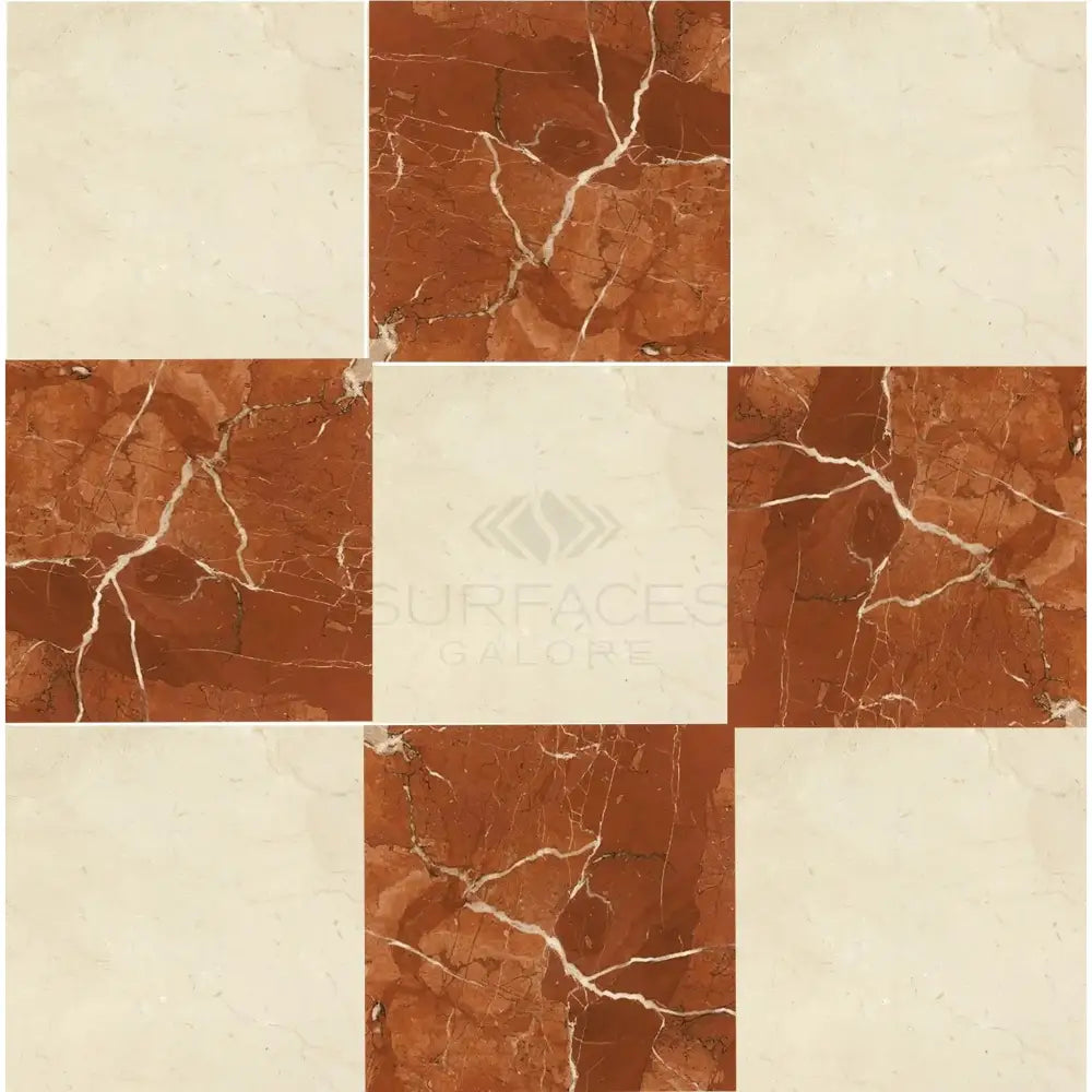 Checkerboard marble tile pattern featuring Rojo Alicante Select and Crema Marfil Select