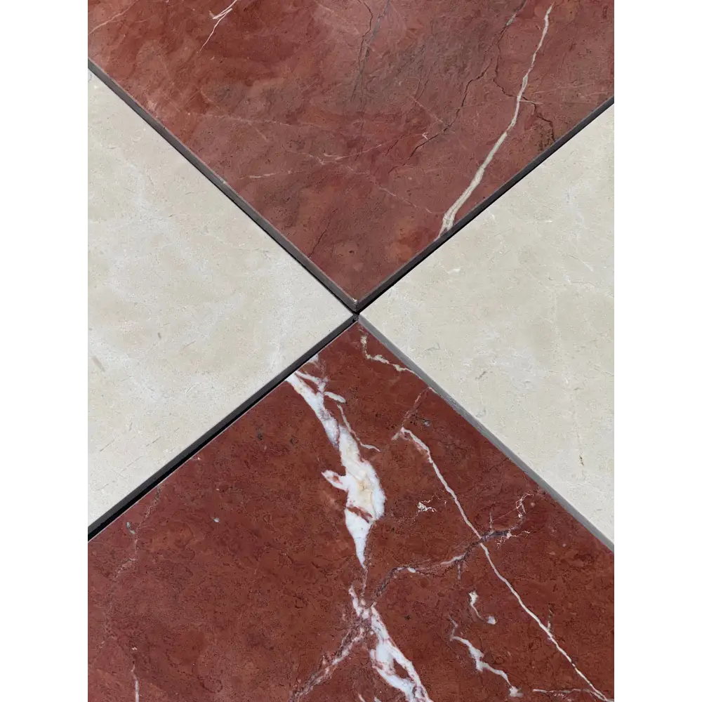 Red and beige marble tile pattern from Checkerboard Rojo Alicante Select and Crema Marfil Select Marble 12X12 Set