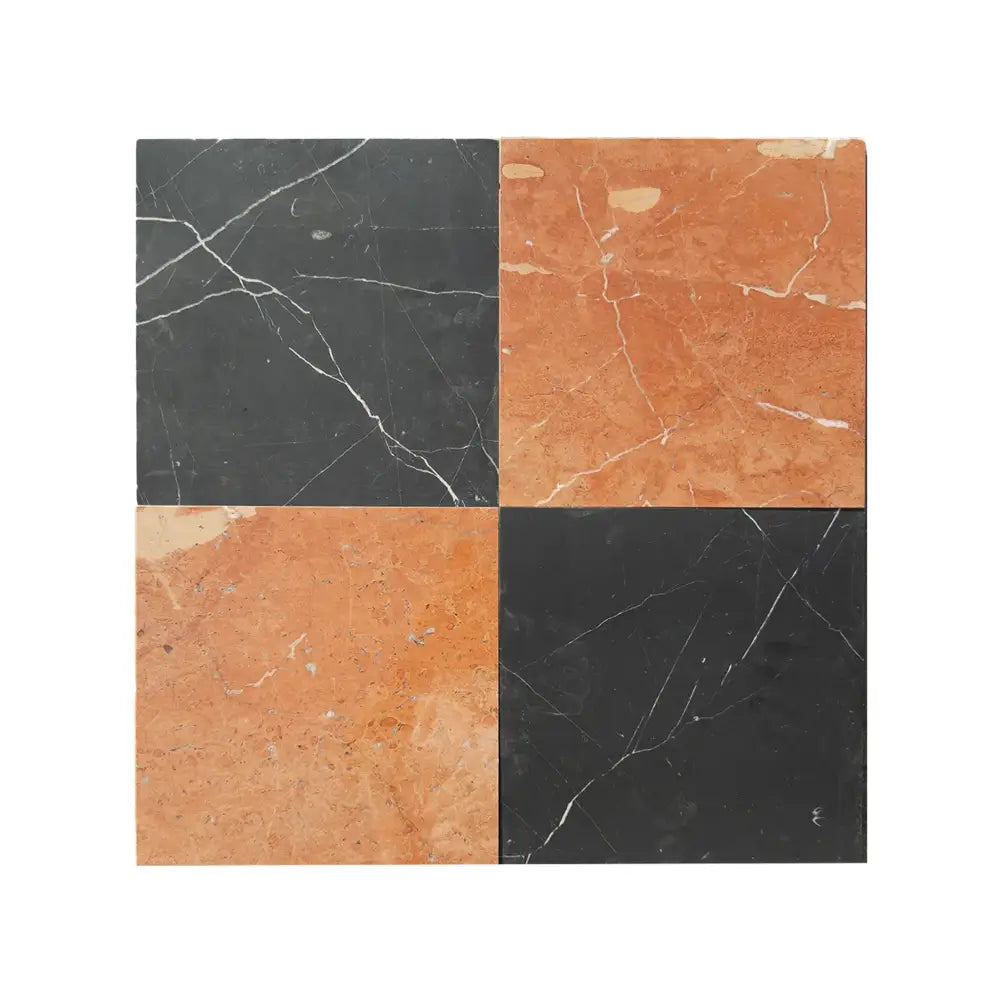 Four-square marble tile pattern with Rojo Alicante Select and Nero Marquina Prestige 12x12 set