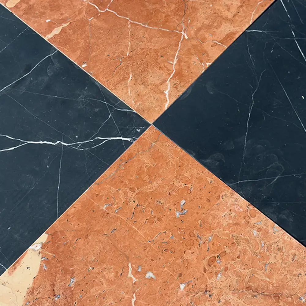 Geometric marble tile pattern from Checkerboard Rojo Alicante Select and Nero Marquina Prestige 12X12 Set