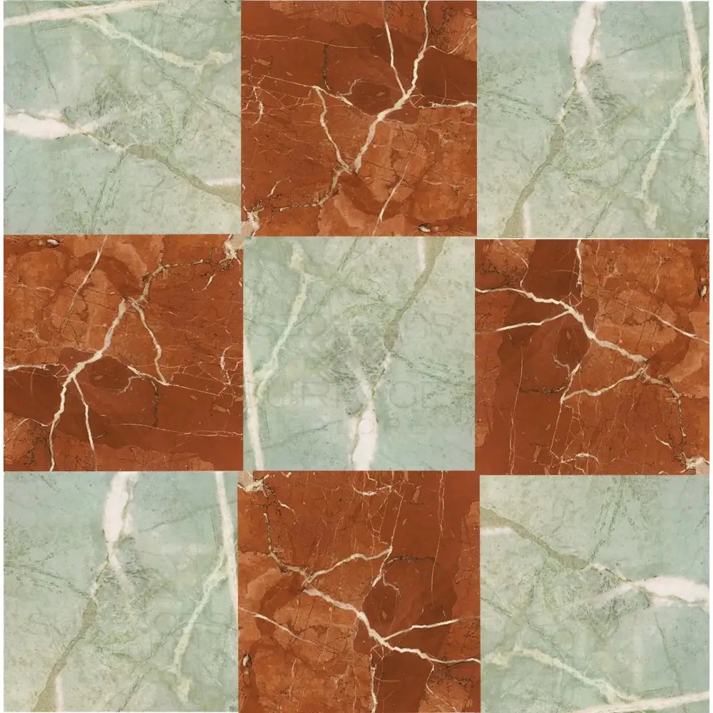 Nine-square marble tile pattern from Checkerboard Rojo Alicante Select and Ming Green Prestige set