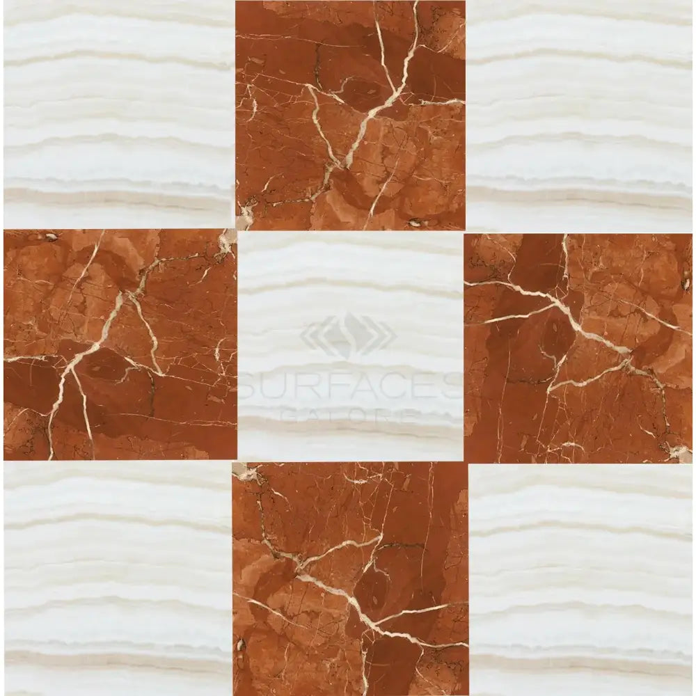 Square marble tile pattern featuring Rojo Alicante Select Marble and White Onyx veins