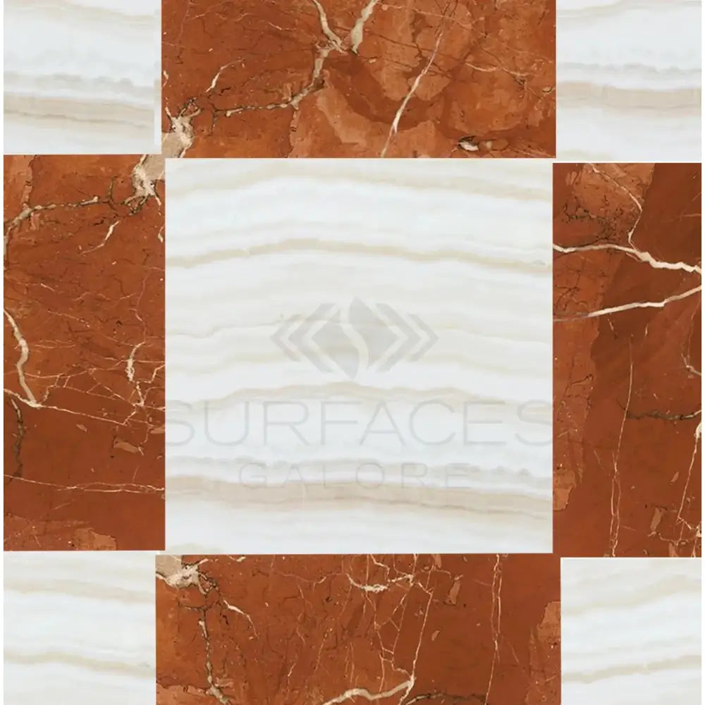 Square marble tile pattern featuring Red Alicante Select Marble and White Onyx veined marble