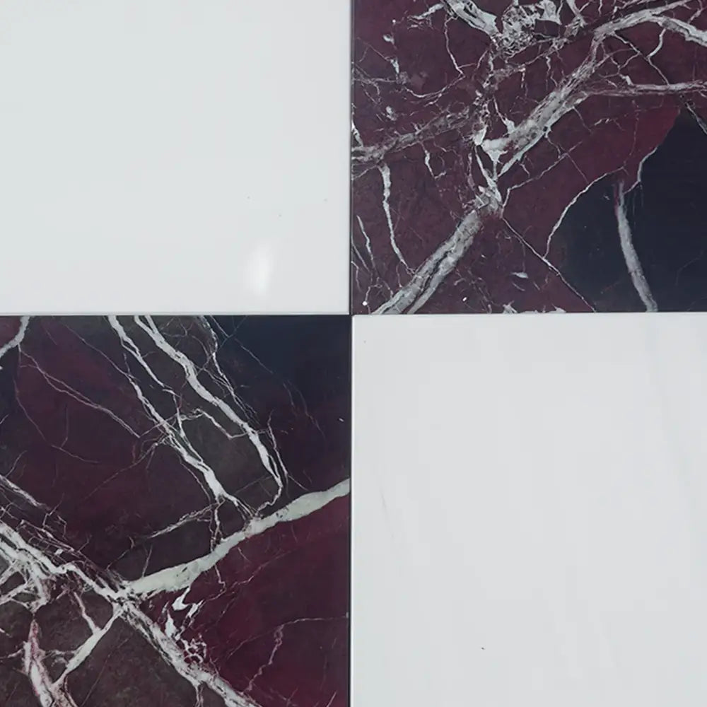 Four-square tile pattern in Checkerboard Rosso Levanto and Bianco Dolomite 12x12 Set