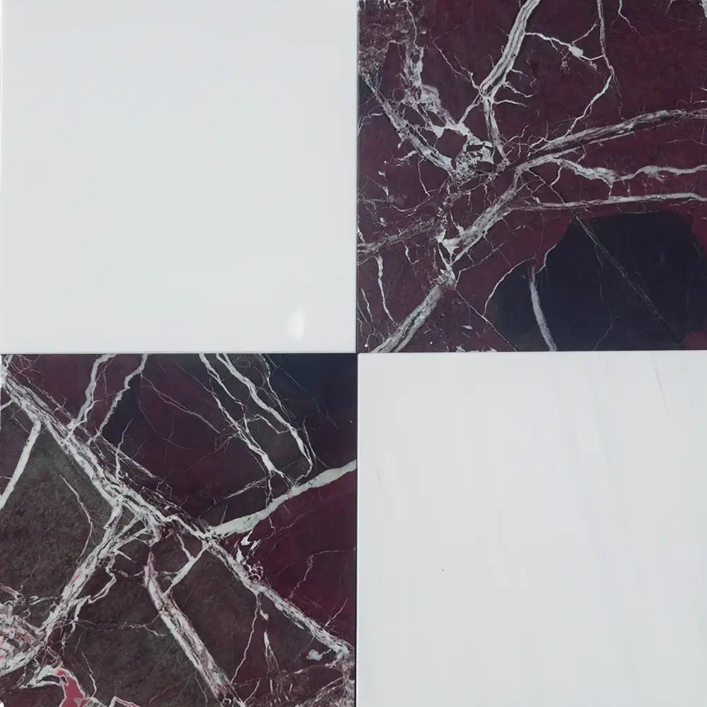 Four-square tile pattern from Checkerboard Rosso Levanto and Bianco Dolomite 12X12 Set
