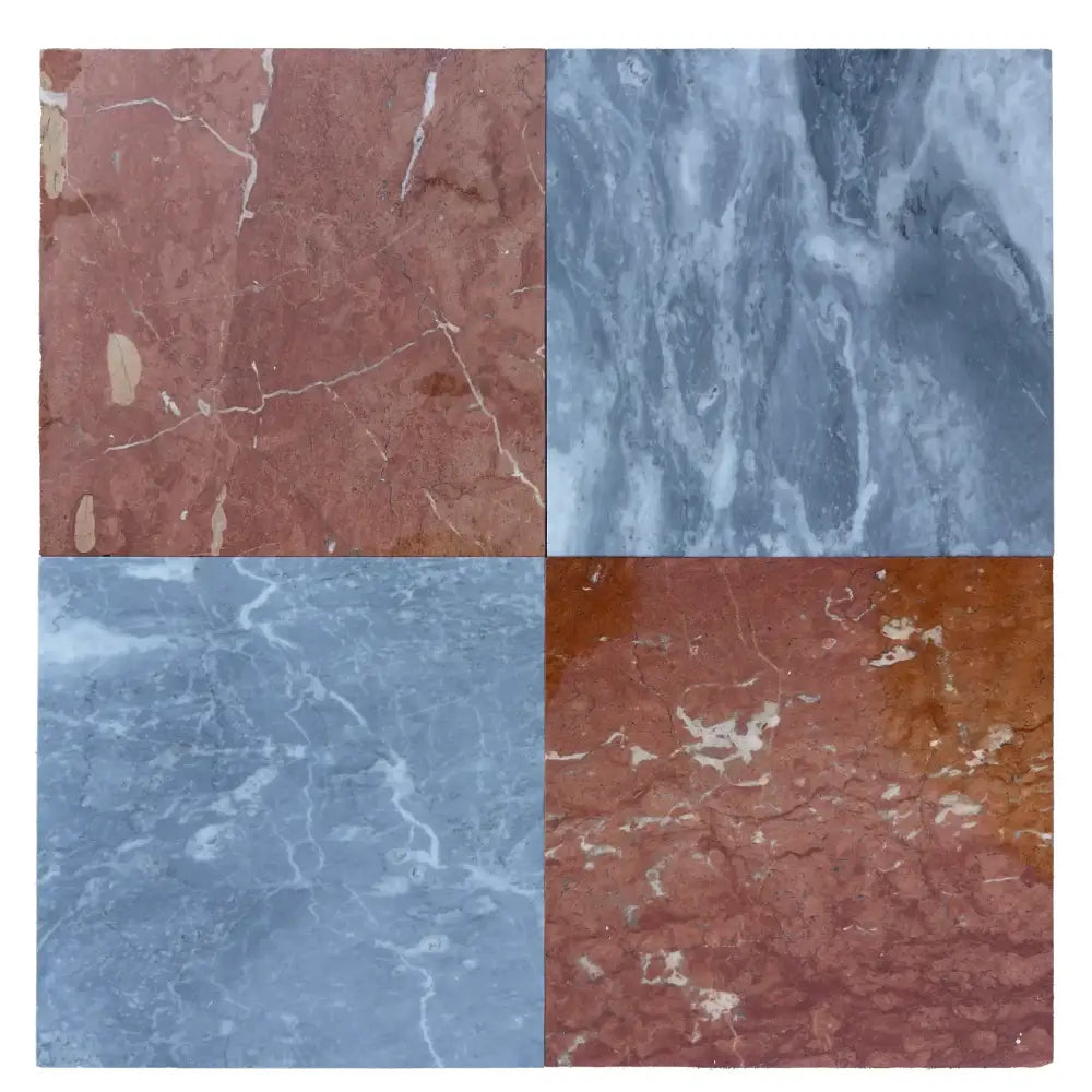 Four-paneled marble tile sample from Checkerboard Rosso Levanto and Crema Marfil 12X12 Set