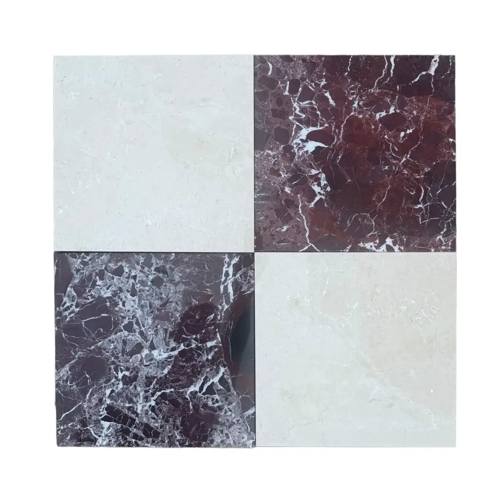 Four-square marble tile pattern with Rosso Levanto and Crema Marfil colors in a 12X12 set