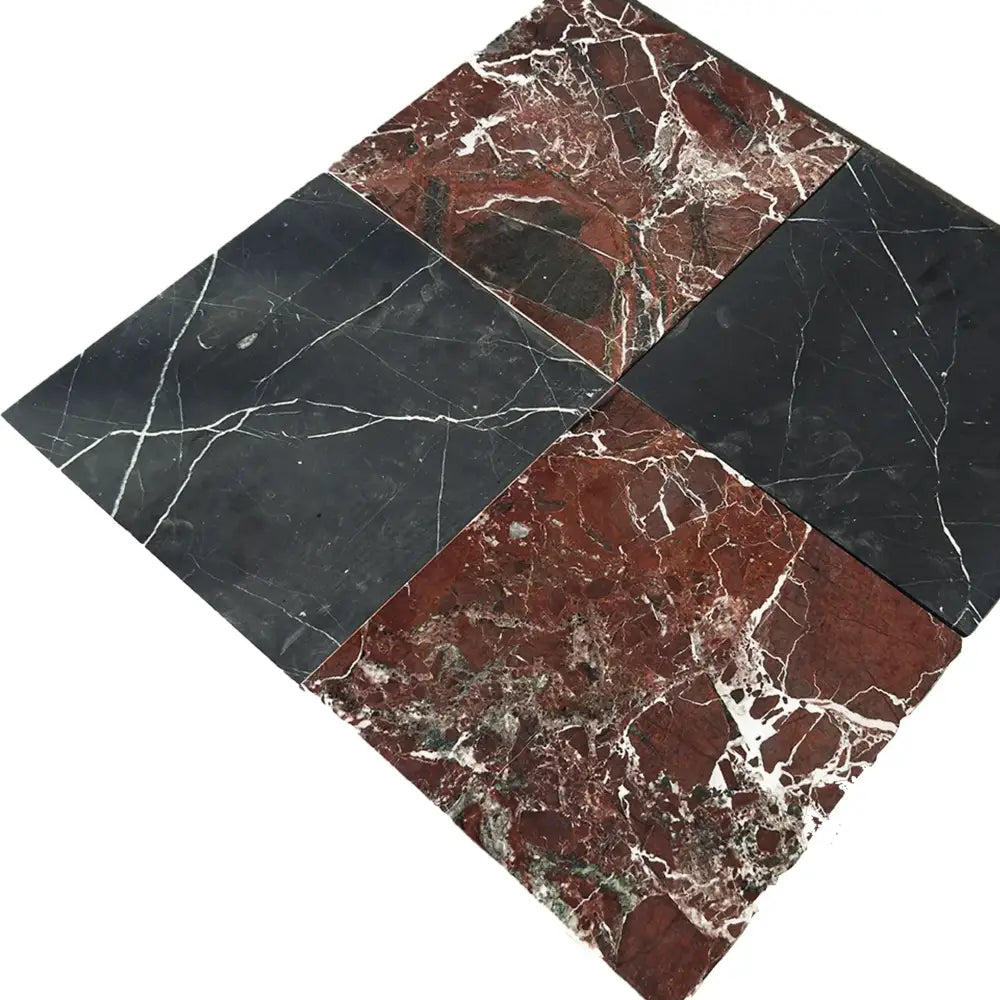 Diamond-patterned marble tiles from Checkerboard Rosso Levanto and Crema Marfil 12x12 set
