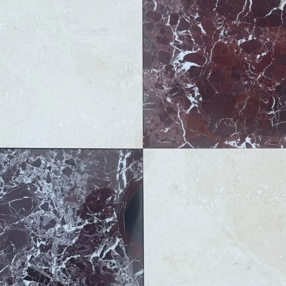 Four marble tiles from Checkerboard Rosso Levanto and Crema Marfil 12X12 Set