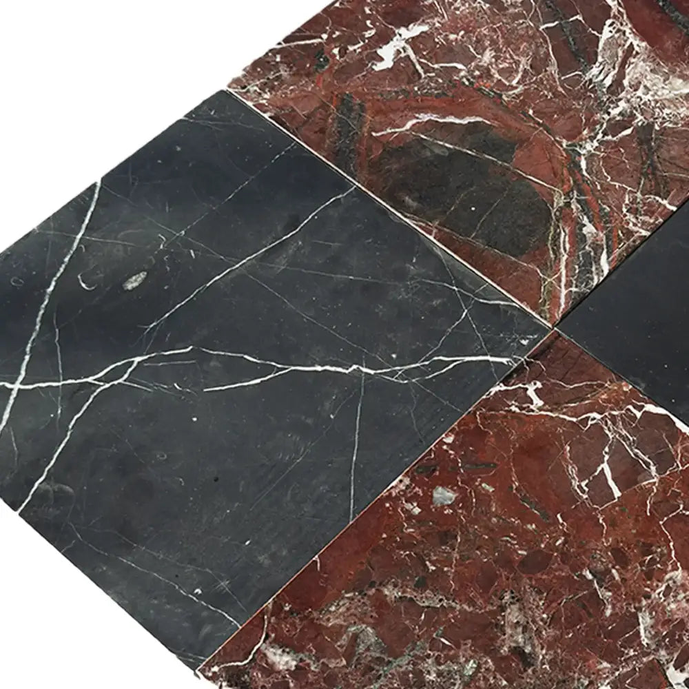 Polished marble tile pattern featuring Checkerboard Rosso Levanto and Crema Marfil 12x12 set