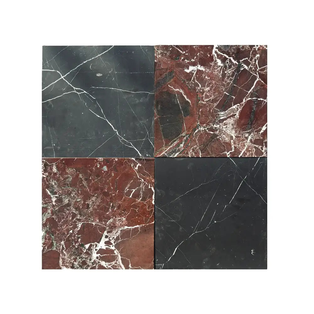 Four square marble tiles from Checkerboard Rosso Levanto and Crema Marfil 12X12 Set