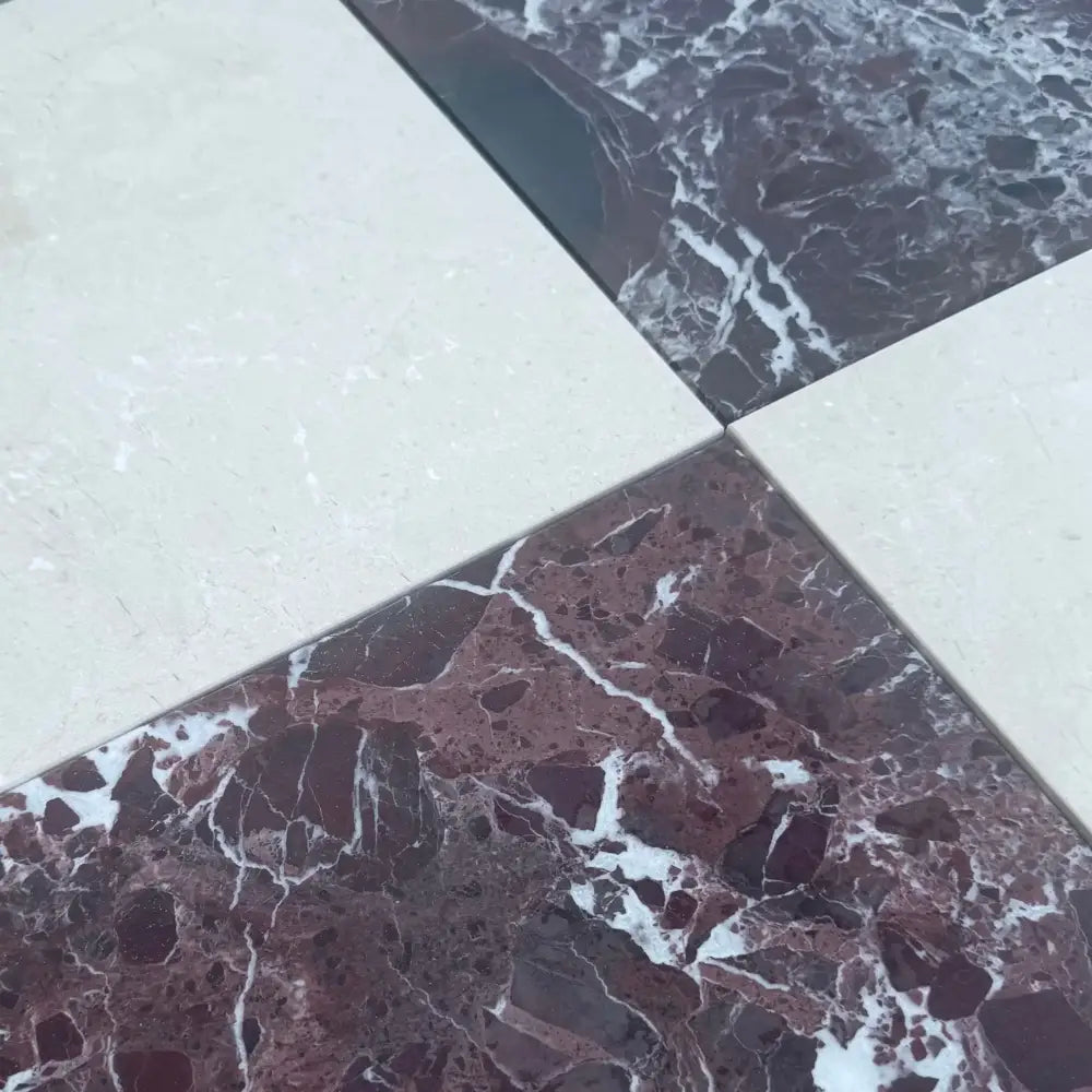 Marble tile flooring with checkerboard Rosso Levanto and Crema Marfil 12x12 set