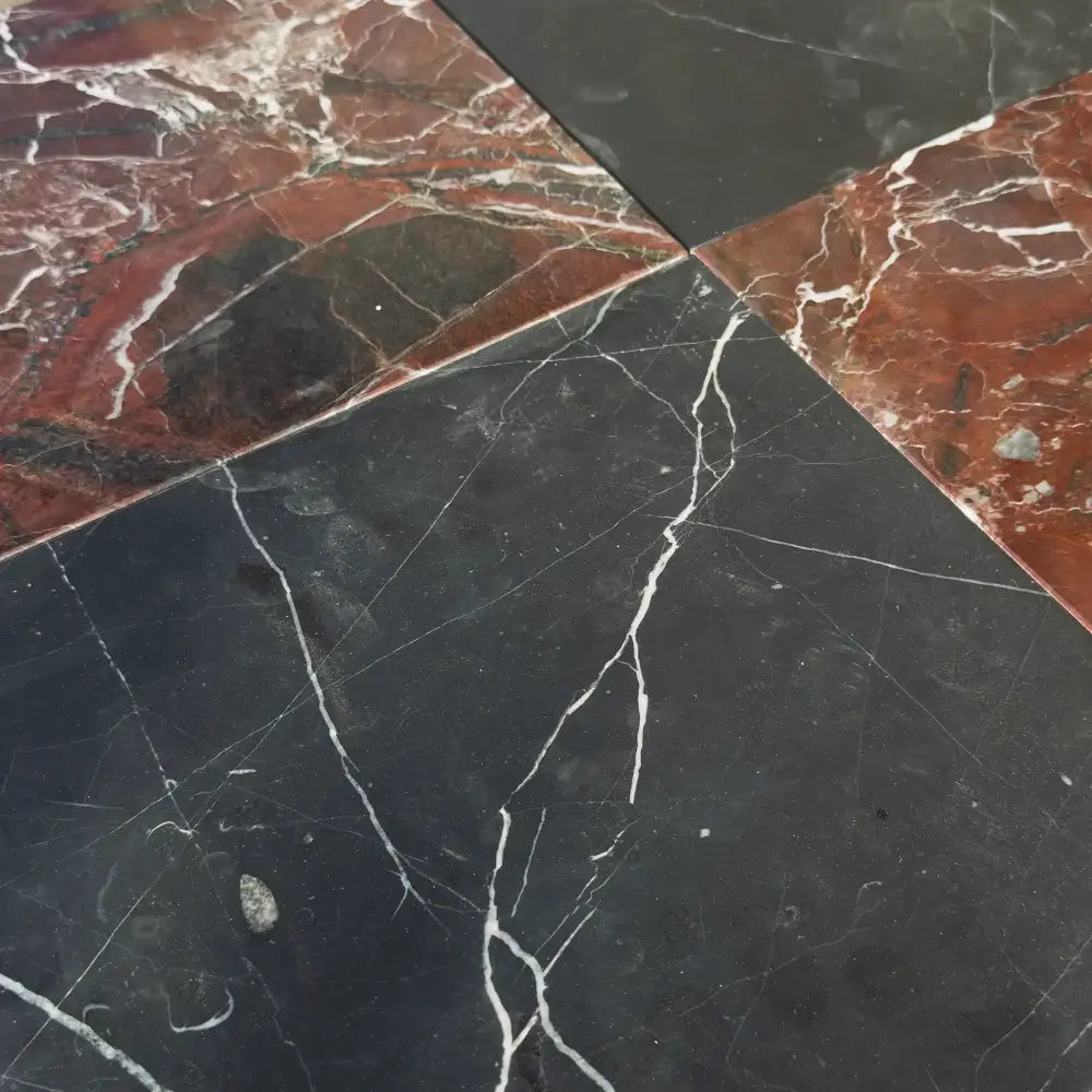 Polished marble tiles with veining in Checkerboard Rosso Levanto and Crema Marfil set