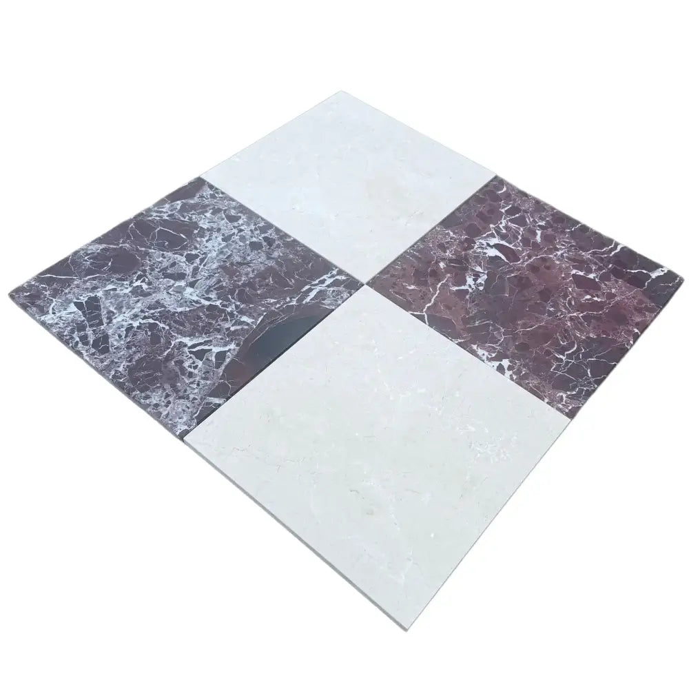 Four-tile checkerboard pattern in Checkerboard Rosso Levanto and Crema Marfil 12X12 Set