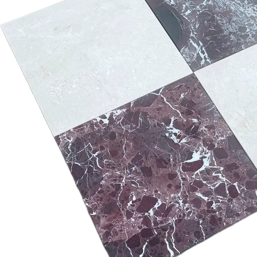 Checkerboard marble tiles in Rosso Levanto and Crema Marfil for elegant flooring