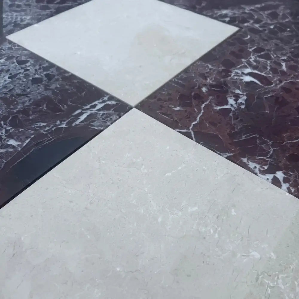 Alternating marble floor tiles in Checkerboard Rosso Levanto and Crema Marfil 12X12 Set