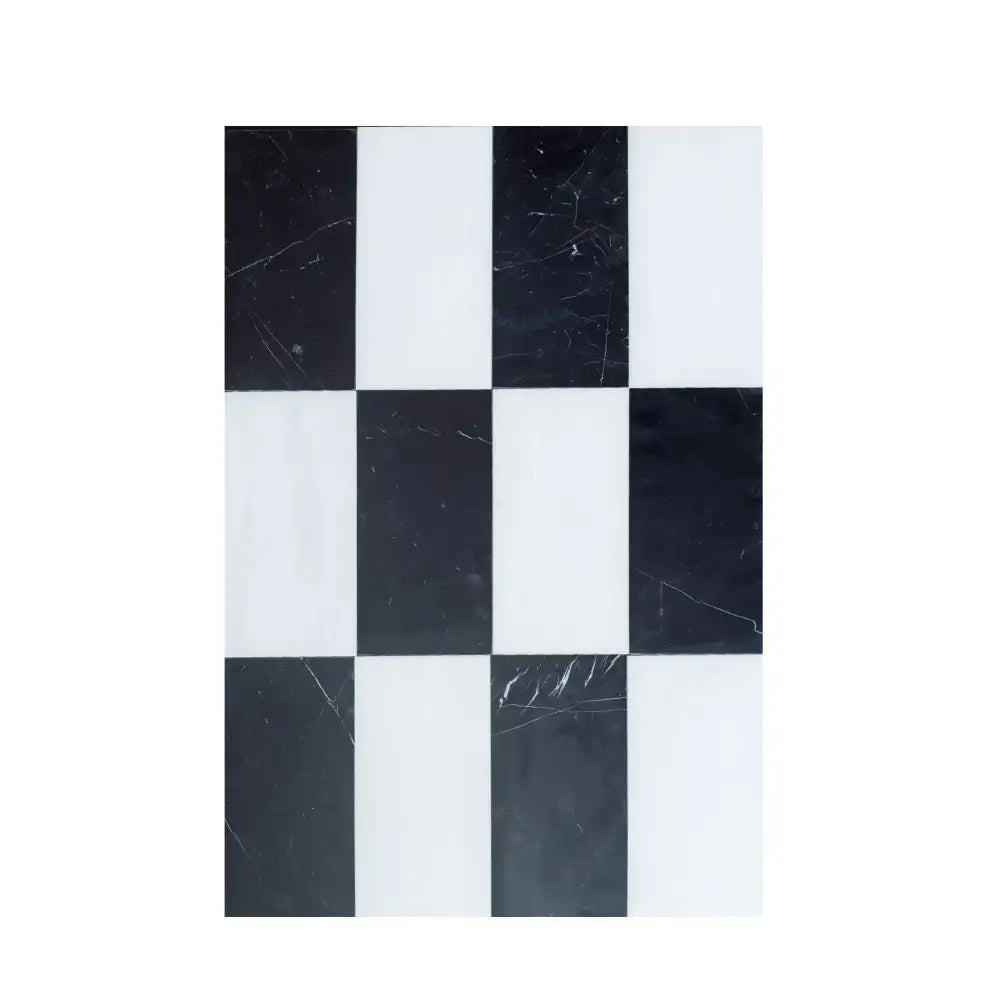 Black and white checkered tile pattern from Como in Dolomite Prestige and Nero Marquina Prestige set