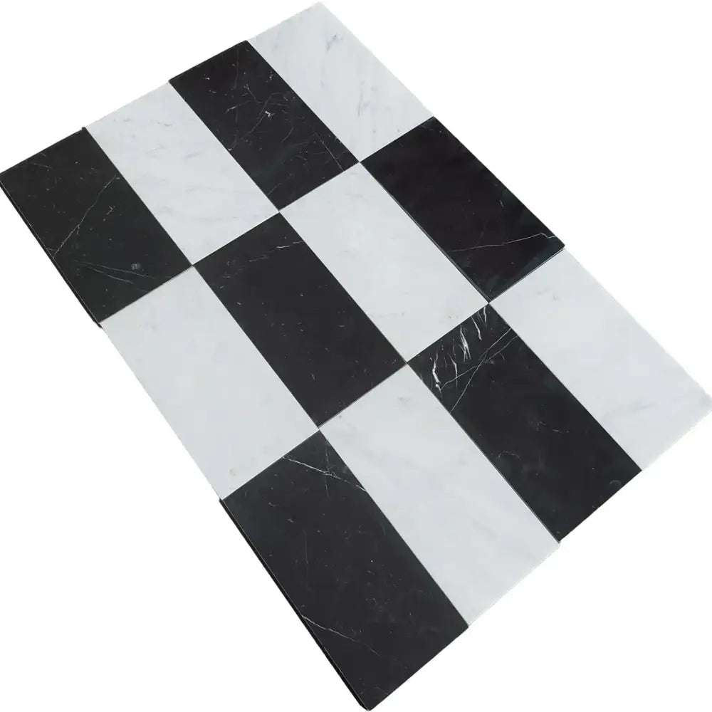 Rectangular black and white checkered tiles from Como in Carrara White Royale and Nero Marquina Prestige set