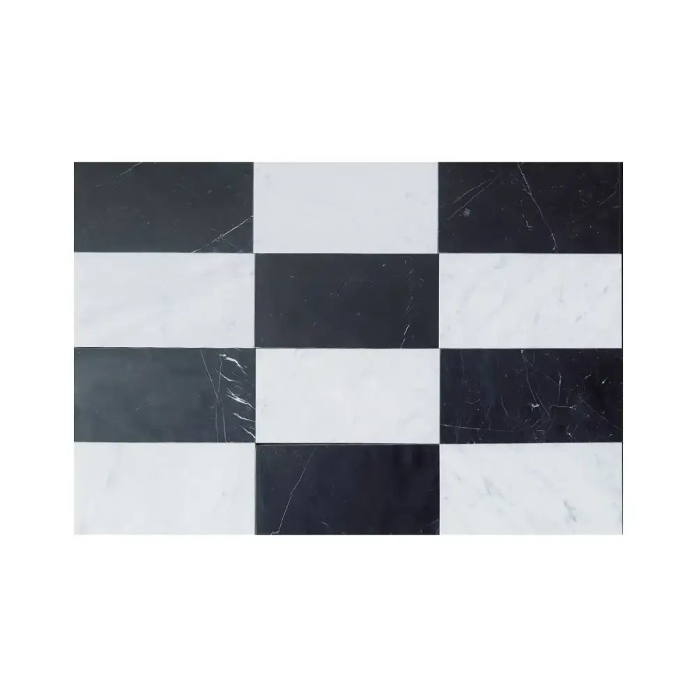 Black and white checkered marble tiles from Como in Carrara White Royale and Nero Marquina Prestige set