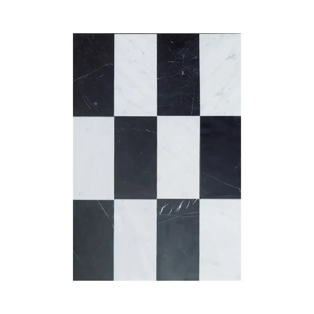 Black and white checkered tile pattern from Como in Carrara White Royale and Nero Marquina Prestige set