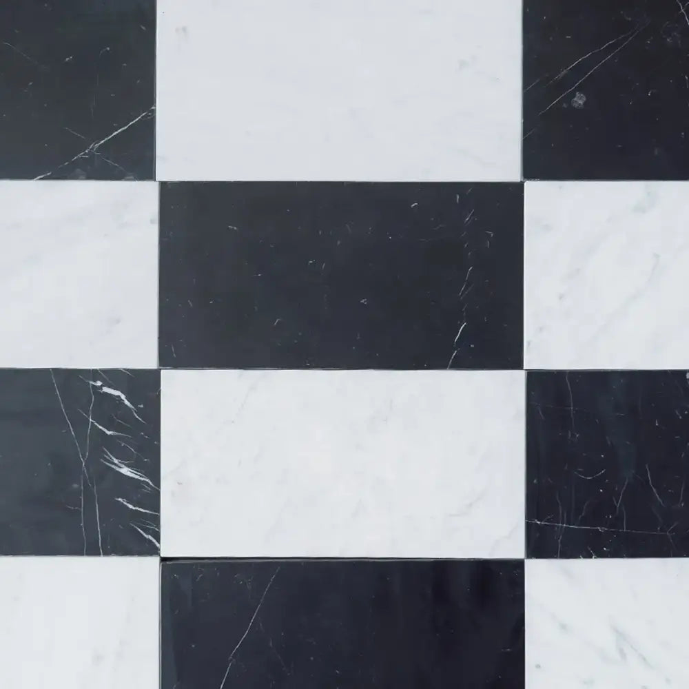 Black and white checkered marble tiles from Como in Carrara White Royale and Nero Marquina Prestige set