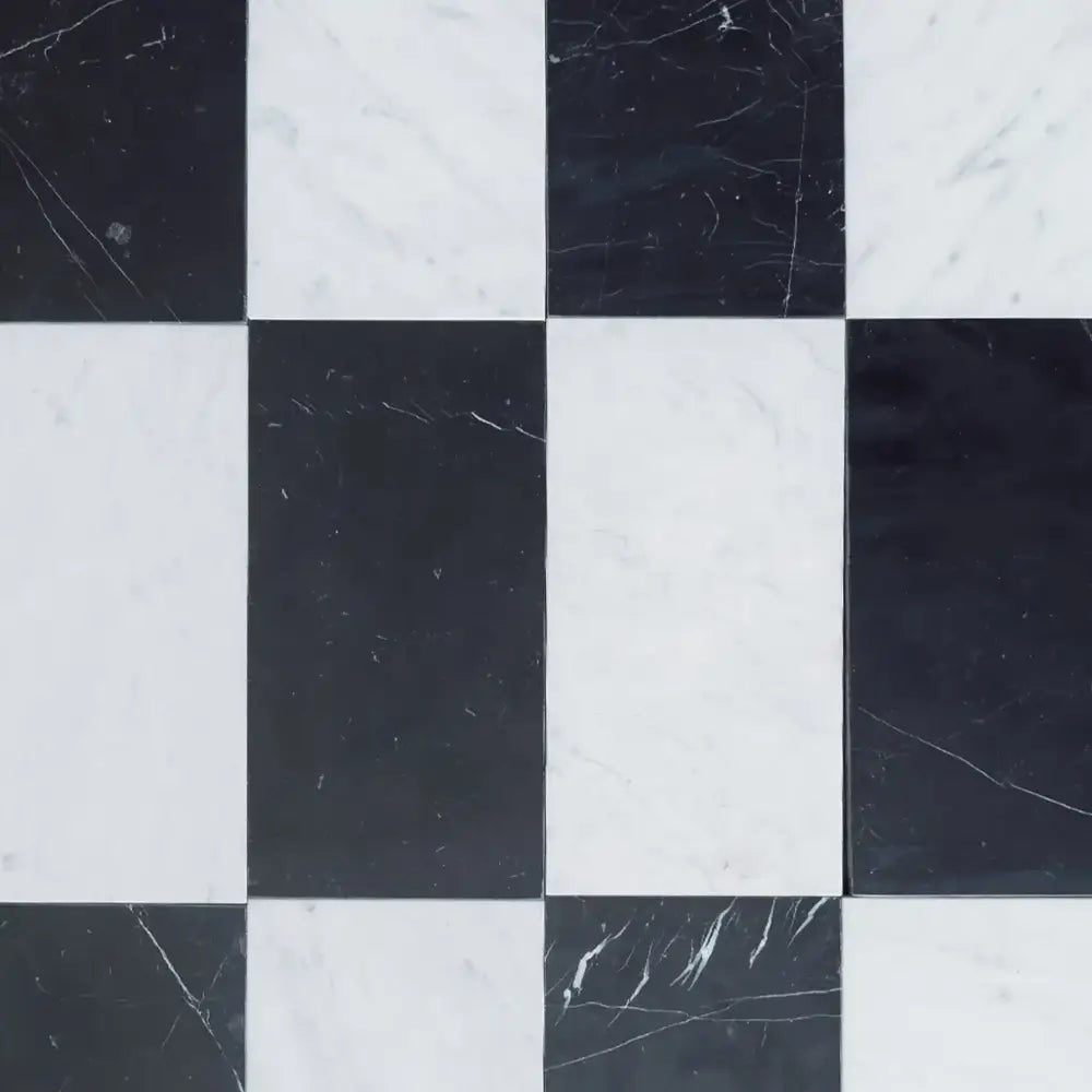 Black and white checkered marble tiles from Como in Carrara White Royale and Nero Marquina Prestige set