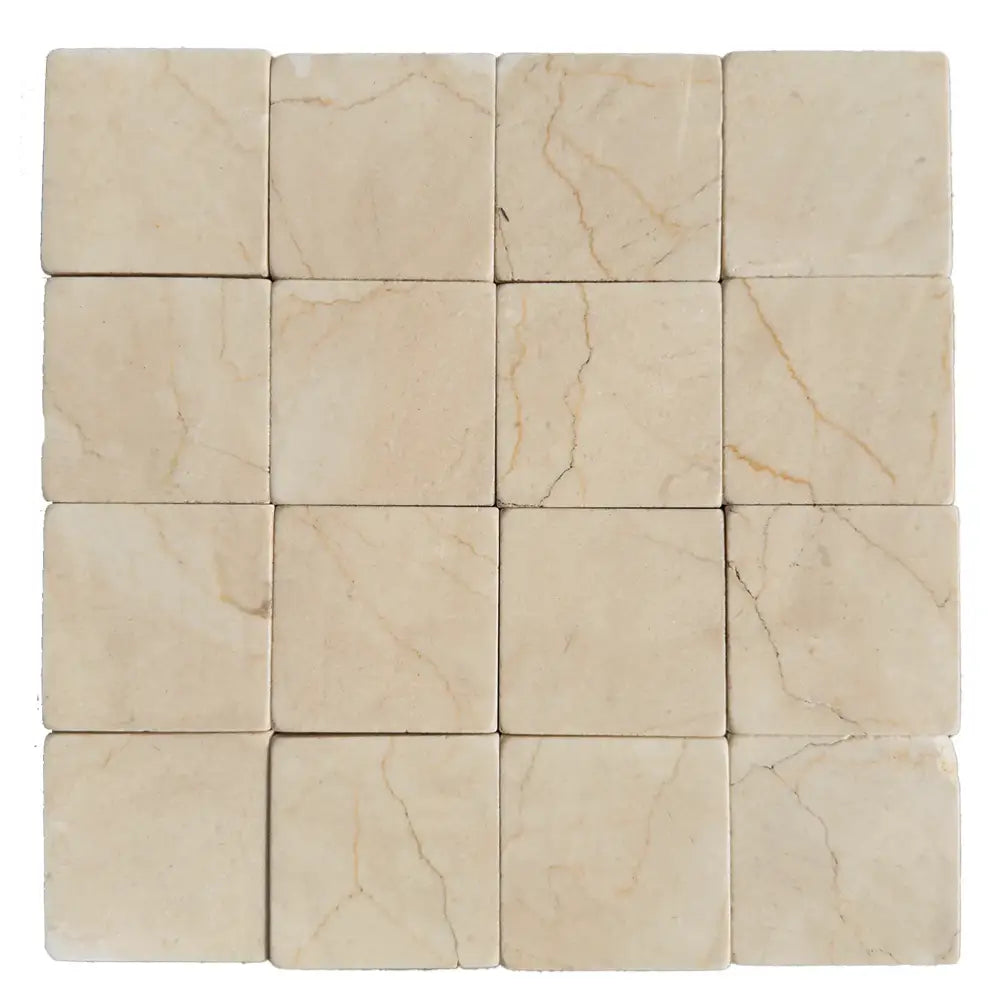 Square marble tile mosaic in Crema Marfil Select 3x3 Tumbled finish