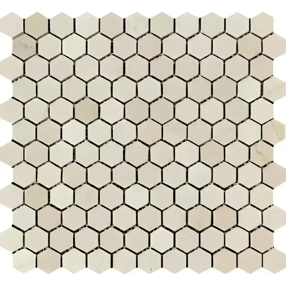 Beige hexagon mosaic tile sheet from Crema Marfil Select Marble for polished or honed finishes