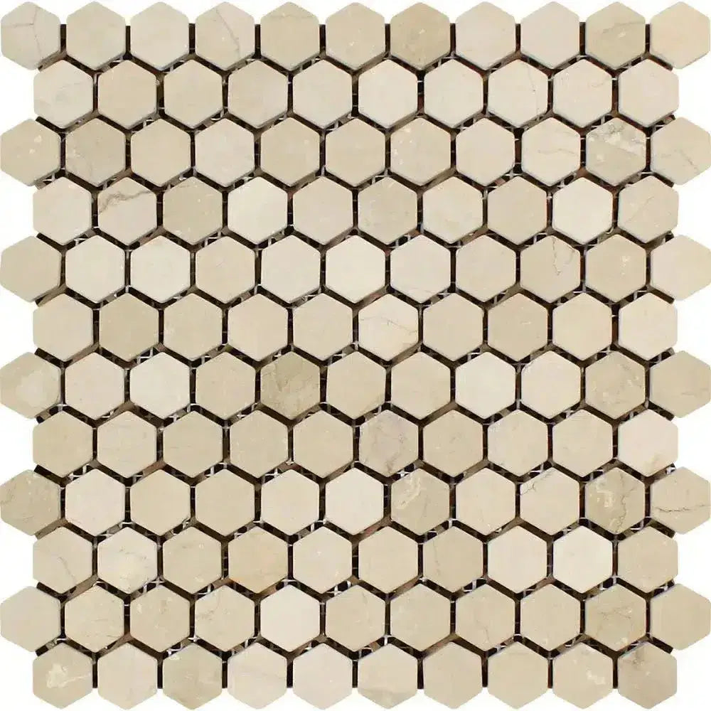 Beige hexagon mosaic tile sheet from Crema Marfil Select Marble Tumbled collection