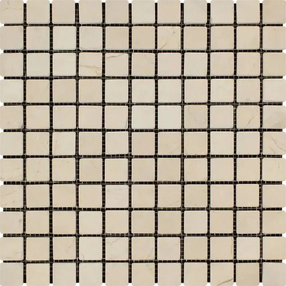 Square mosaic tile sheet of Crema Marfil Select Marble 1x1 Tumbled for elegant flooring