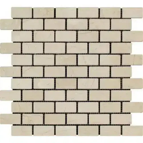 Beige brick mosaic tile sheet of Crema Marfil Select Marble 1X2 Tumbled style