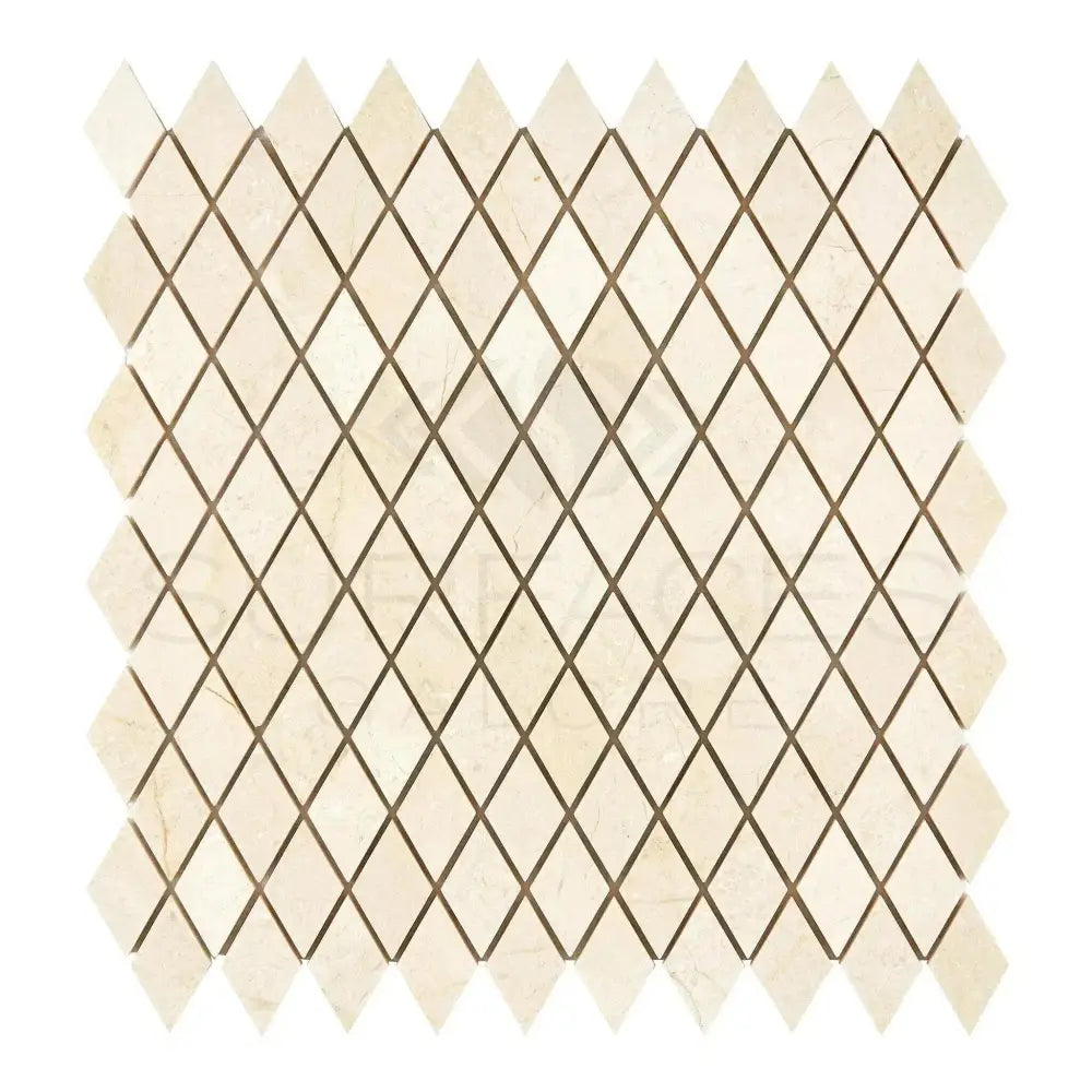Diamond-patterned mosaic tile sheet in Crema Marfil Select Marble for elegant flooring